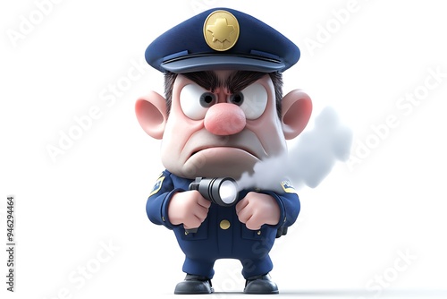 Animated Cartoon of Angry Police Officer Clutching Flashlight with Steam - 3D Illustration on White Background