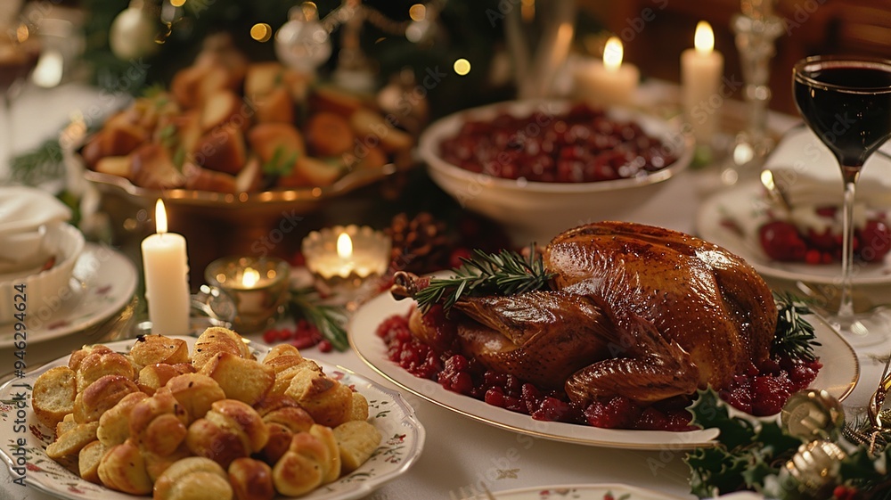 Φωτογραφία This inviting scene showcases a cozy Christmas dinner table filled with holiday treats, flickering candles, and charming decorations, embodying the warmth and joy of family gatherings