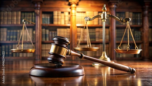 A solemn judge's gavel rests on a wooden desk beside a scale of justice, surrounded by law books and a dimly lit courtroom background.