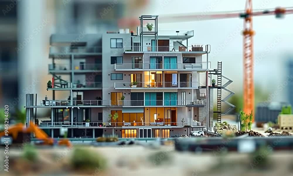 As dusk settles, a striking modern apartment complex showcases its illuminated balconies while construction continues nearby, capturing a blend of progress and tranquility As dusk settles, a striking modern apartment complex showcases its illuminated balconies while construction continues nearby, capturing a blend of progress and tranquility