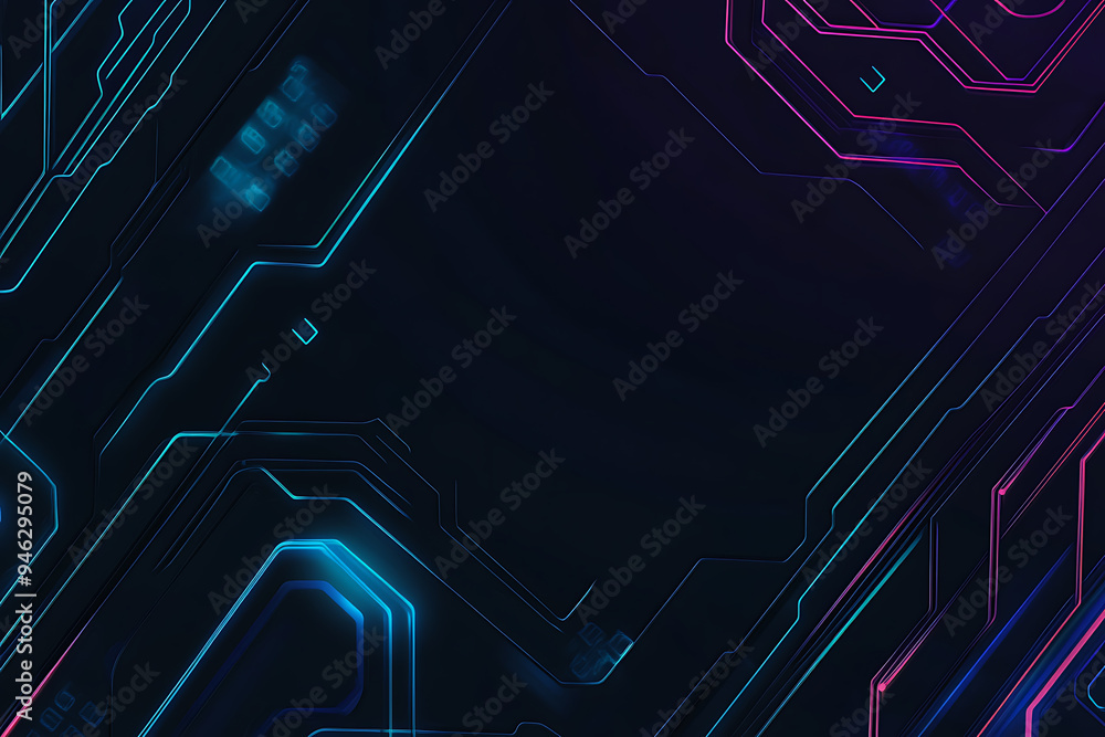 Abstract representation of a circuit board with glowing neon lines and geometric patterns against a dark background. The image evokes a high-tech, futuristic feel with ample copy space Abstract representation of a circuit board with glowing neon lines and geometric patterns against a dark background. The image evokes a high-tech, futuristic feel with ample copy space