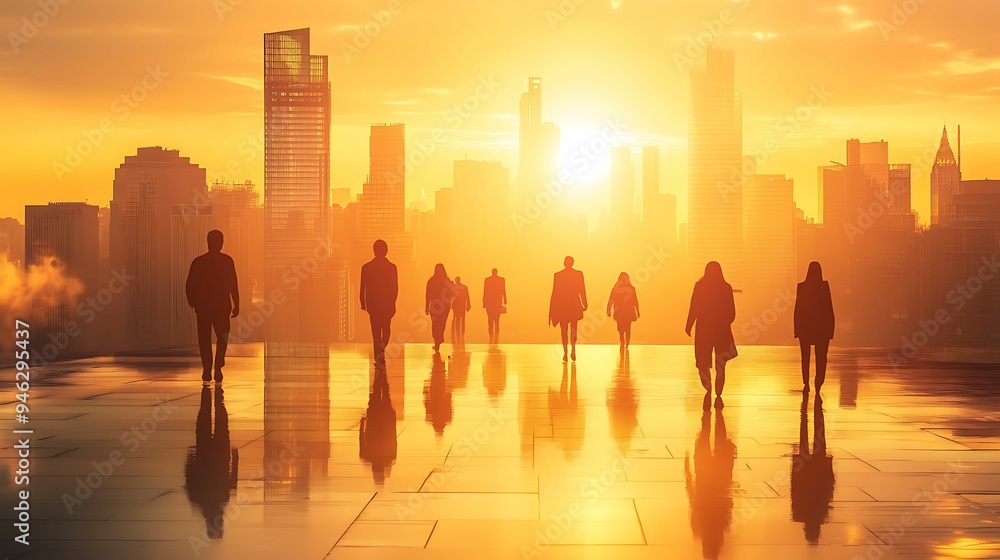 Fototapeta premium Silhouetted businesspeople walking towards a city skyline during sunset, reflecting on a glossy surface, creating a dramatic urban scene.