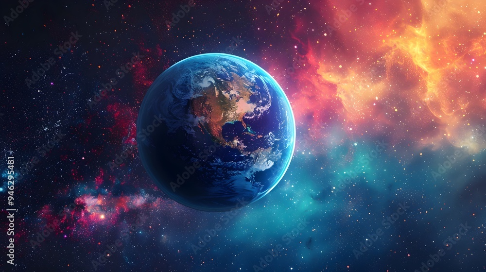 Fototapeta premium Bioluminescent Earth Sphere Glowing in Vibrant Starry Space Cosmos