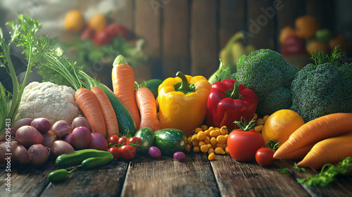 Fresh organic vegetables, assorted on wooden table, 3D illustration1