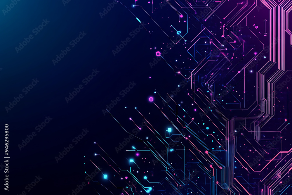 Abstract representation of a circuit board with glowing neon lines and geometric patterns against a dark background. The image evokes a high-tech, futuristic feel with ample copy space Abstract representation of a circuit board with glowing neon lines and geometric patterns against a dark background. The image evokes a high-tech, futuristic feel with ample copy space