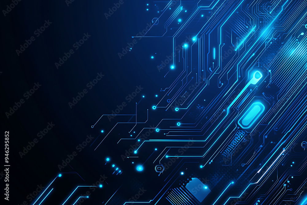 Abstract representation of a circuit board with glowing neon lines and geometric patterns against a dark background. The image evokes a high-tech, futuristic feel with ample copy space Abstract representation of a circuit board with glowing neon lines and geometric patterns against a dark background. The image evokes a high-tech, futuristic feel with ample copy space