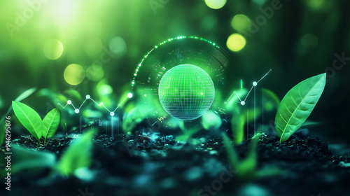 Wallpaper Mural Illustration of economic policy influencing environmental sustainability, represented by digital eco-symbols and charts Torontodigital.ca