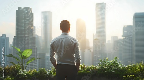 A man stands on a rooftop garden, gazing at a modern city skyline at sunrise, symbolizing urban living, reflection, and growth.