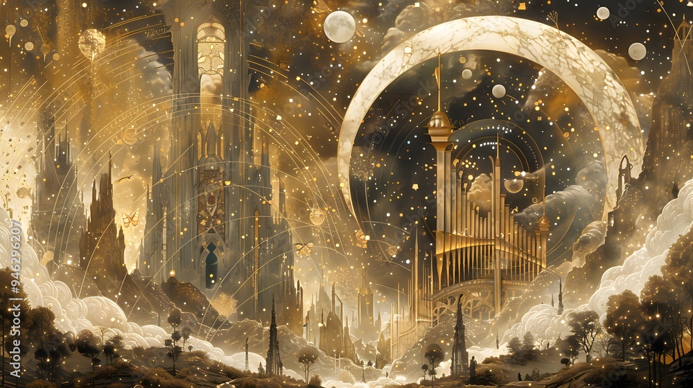 Golden Cityscape with Celestial Elements. Golden Cityscape with Celestial Elements.