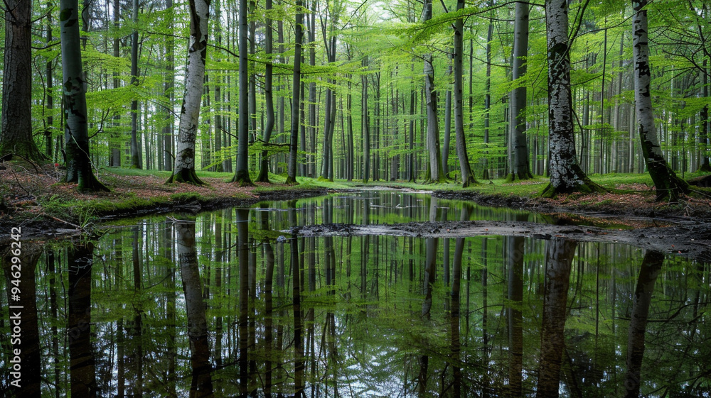 a serene forest pond surrounded by tall trees and reflected in still water a serene forest pond surrounded by tall trees and reflected in still water