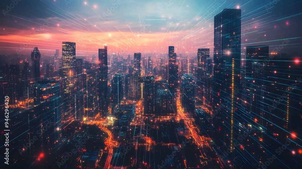 Obraz premium A futuristic city with AI and blockchain data networks interwoven in the architecture