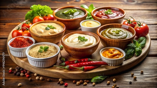 Assorted varieties of savory condiments, including teriyaki, sriracha, hummus, aioli, and salsa, arranged artfully on a rustic wooden table against a neutral background.