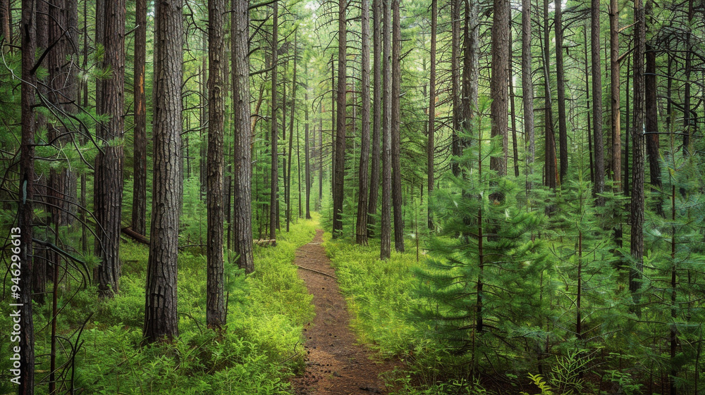a serene forest scene with a narrow trail leading through tall, whispering pines a serene forest scene with a narrow trail leading through tall, whispering pines