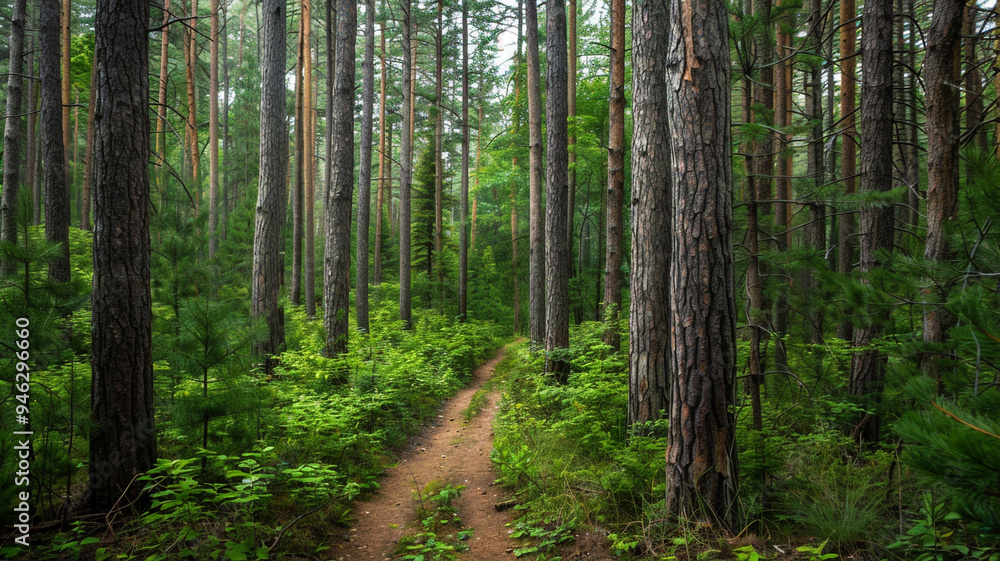 Obraz premium a serene forest scene with a narrow trail leading through tall, whispering pines