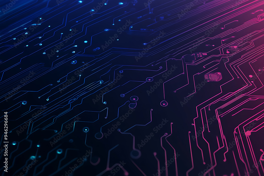 Abstract representation of a circuit board with glowing neon lines and geometric patterns against a dark background. The image evokes a high-tech, futuristic feel with ample copy space Abstract representation of a circuit board with glowing neon lines and geometric patterns against a dark background. The image evokes a high-tech, futuristic feel with ample copy space