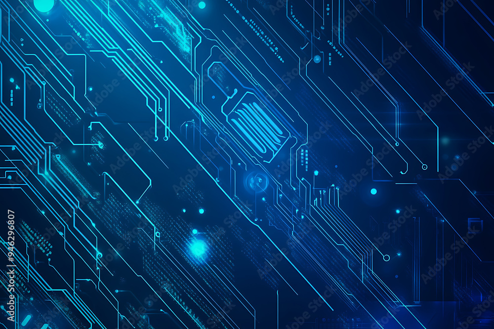 Abstract representation of a circuit board with glowing neon lines and geometric patterns against a dark background. The image evokes a high-tech, futuristic feel with ample copy space Abstract representation of a circuit board with glowing neon lines and geometric patterns against a dark background. The image evokes a high-tech, futuristic feel with ample copy space