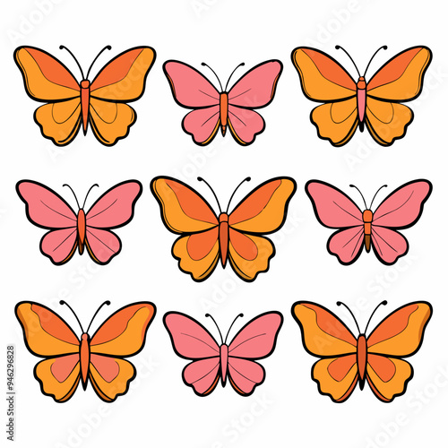 Set of Butterfly Vector, Illustration, Line Art, Colorful