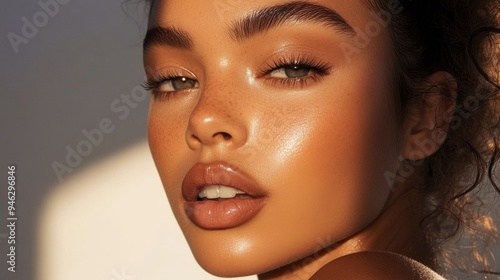 A detailed shot of a woman with a flawless makeup look, including contouring and a soft, glowing finish, set against a clean, simple background. photo