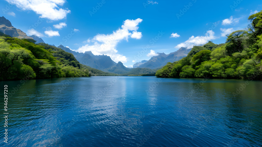 Large Body Water With Mountains The Background Large Body Water With Mountains The Background