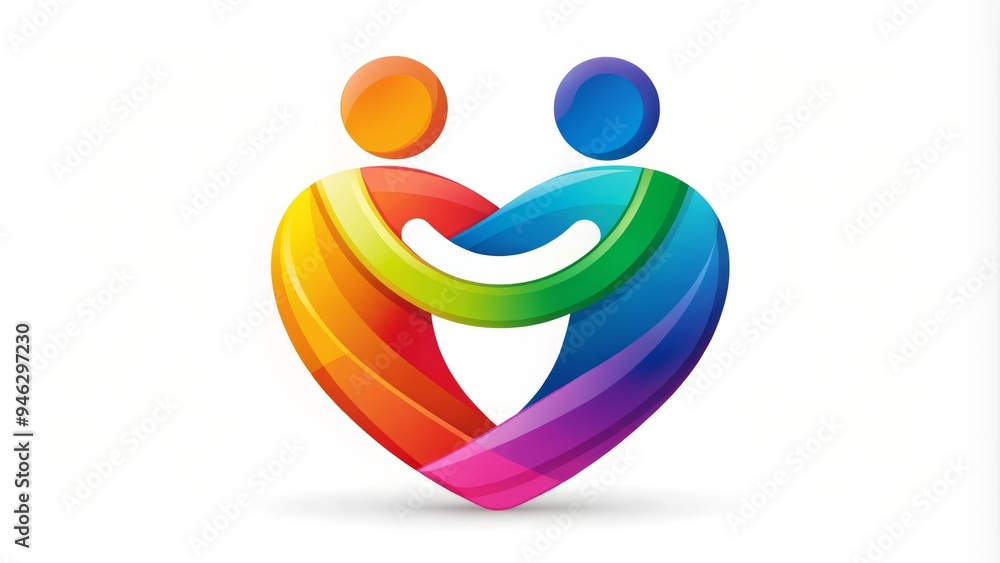 A stylized, bold, and colorful icon of two embracing shapes, symbolizing love, friendship, and unity, with a warm and comforting visual aesthetic.
