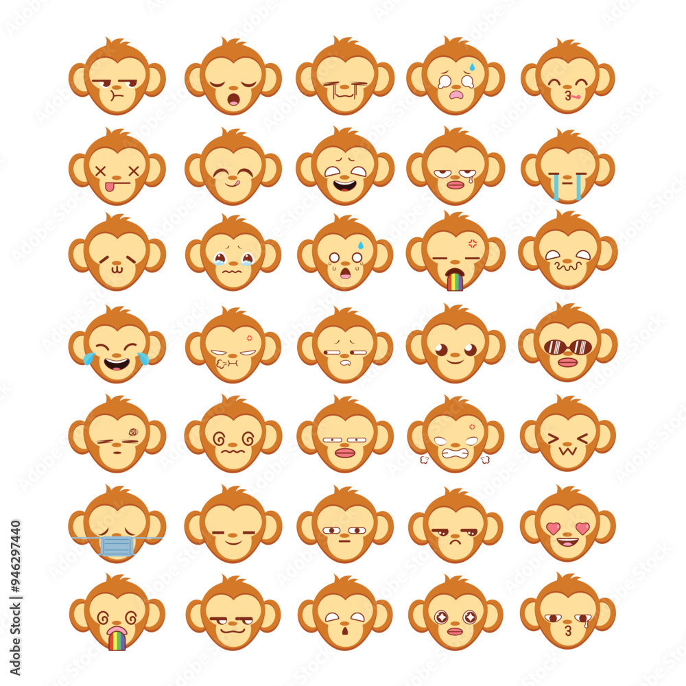 Monkey emoji set, Monkey stickers, faces, vector style for Print on T-Shirts, Posters, Creating Logos, patterns, web designs and Social Media Monkey emoji set, Monkey stickers, faces, vector style for Print on T-Shirts, Posters, Creating Logos, patterns, web designs and Social Media