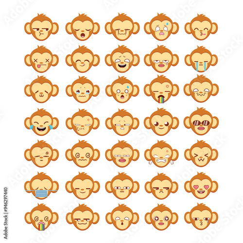 Monkey emoji set, Monkey stickers, faces, vector style for Print on T-Shirts, Posters, Creating Logos, patterns, web designs and Social Media