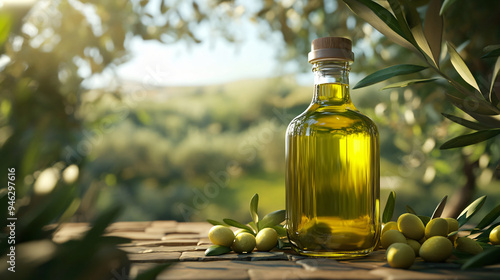 Organic olive oil bottle, with fresh olives and leaves, 3D illustration1