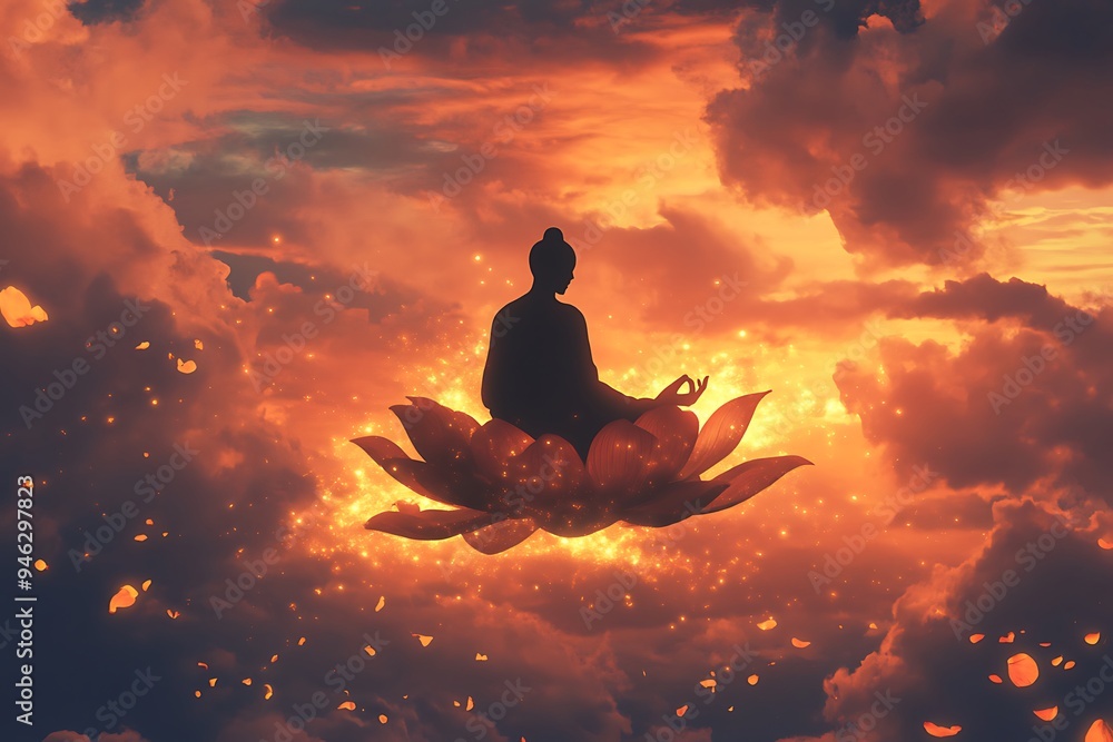 Tranquil Monk Meditating on Floating Lotus in Soft Golden Light - Digital Art Concept, Serene Buddhist Meditation Scene in Twilight Sky Tranquil Monk Meditating on Floating Lotus in Soft Golden Light - Digital Art Concept, Serene Buddhist Meditation Scene in Twilight Sky
