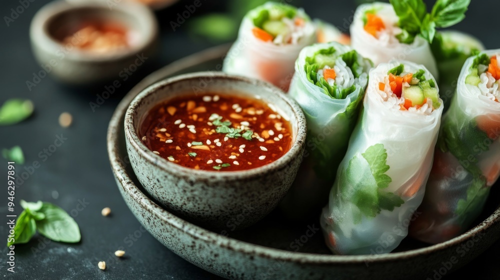 A detailed shot of Thai spring rolls with a side of sweet chili dipping sauce, with fresh ingredients visible, capturing the crispiness and freshness of the appetizer. A detailed shot of Thai spring rolls with a side of sweet chili dipping sauce, with fresh ingredients visible, capturing the crispiness and freshness of the appetizer.