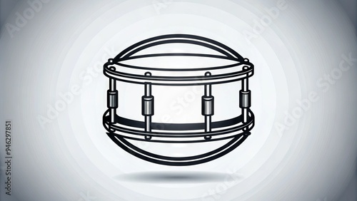 A stylized illustration of a snare drum symbol in bold black lines, surrounded by a circle with a subtle gradient, on a clean white background.