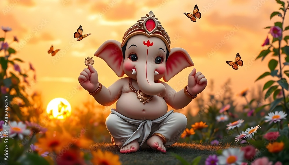 Naklejka premium Ganesh Chaturthi festival image for lord Ganesha with nice background and cute Ganesh statue for Ganesh puja templet design for post on varies platform. 3d image and HD quality of lord Ganesh statue.