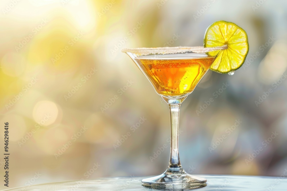 Agave syrup Cosmopolitan with agave syrup and lime, served in a stylish glass, desert background, copy space for text Agave syrup Cosmopolitan with agave syrup and lime, served in a stylish glass, desert background, copy space for text