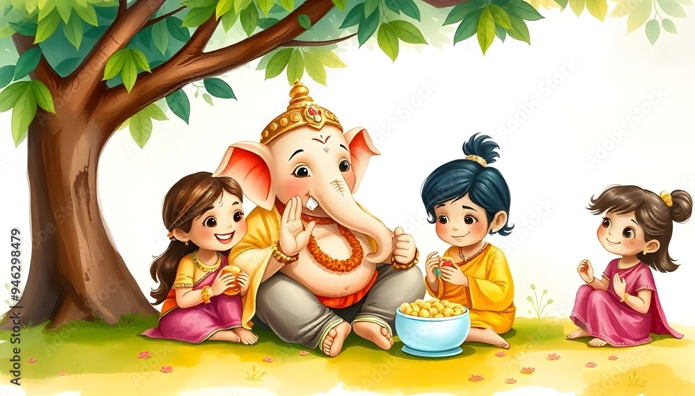 Naklejka premium Ganesh Chaturthi festival image for lord Ganesha with kids nice background and cute Ganesh statue for Ganesh puja templet design for post on varies platform. 3d image and HD quality.