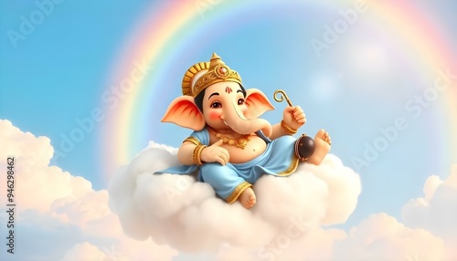 Ganesh Chaturthi festival image for lord Ganesha with nice background and cute Ganesh statue sitting on cloud and rainbow draw on sky. 3d image and HD quality of lord Ganesh statue.