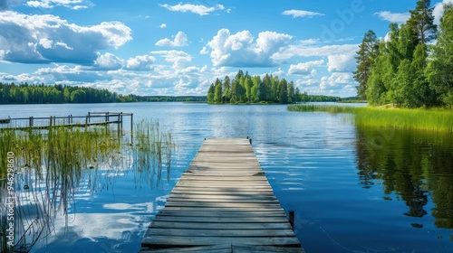 Tranquil Lake with Wooden Dock and Lush Greenery