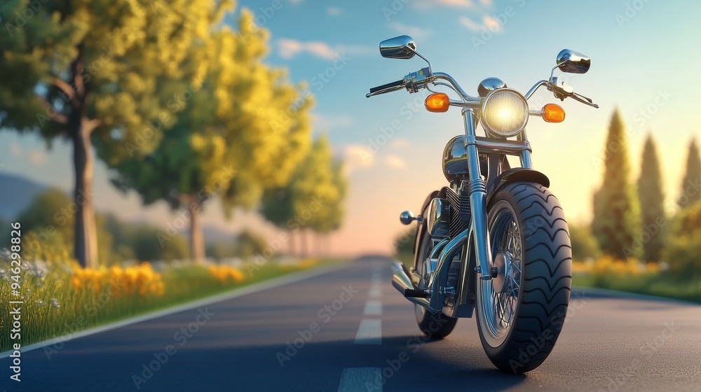 Naklejka premium A chrome motorcycle parked on an empty road with golden hour light. The background is blurred with green trees and sunlight.