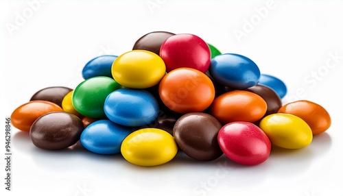 Close up of a pile of colorful chocolate coated candy isolated on white background photo