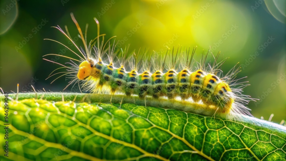 A tiny, fuzzy green caterpillar with yellow stripes and numerous legs slowly crawls along a freshly sprouted bright green leaf in warm sunlight. A tiny, fuzzy green caterpillar with yellow stripes and numerous legs slowly crawls along a freshly sprouted bright green leaf in warm sunlight.