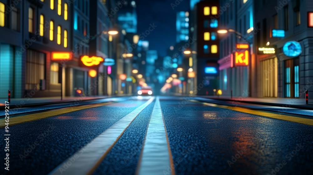 Fototapeta premium A deserted city street at night, illuminated by neon signs and streetlights. A car drives down the empty road.