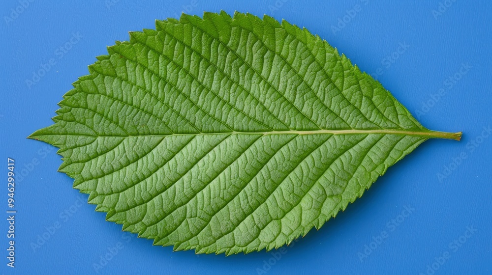 Single Green Leaf on Blue Background Single Green Leaf on Blue Background