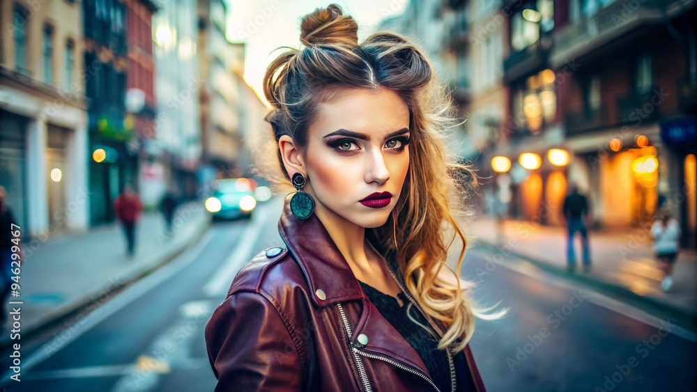 A trendy young woman with edgy hairstyle and bold makeup poses confidently on a vibrant city street, showcasing stylish urban fashion and attitude. A trendy young woman with edgy hairstyle and bold makeup poses confidently on a vibrant city street, showcasing stylish urban fashion and attitude.