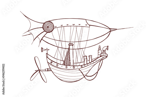 Steampunk style drawing, fantasy dirigible and ship. Vintage fiction, airship and boat vehicle design. Retro futuristic industrial transport. Drawn vector illustration isolated on white background