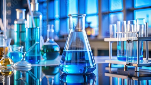 A transparent laboratory beaker containing a vibrant blue reagent solution sits on a clutter-free workbench, surrounded by various scientific equipment and apparatus. photo