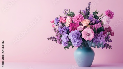 Bouquet of purple and pink flowers arranged in a vase, sitting on a pastel-colored table.