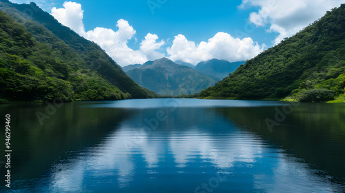 Large Body Water With Mountains The Backgr