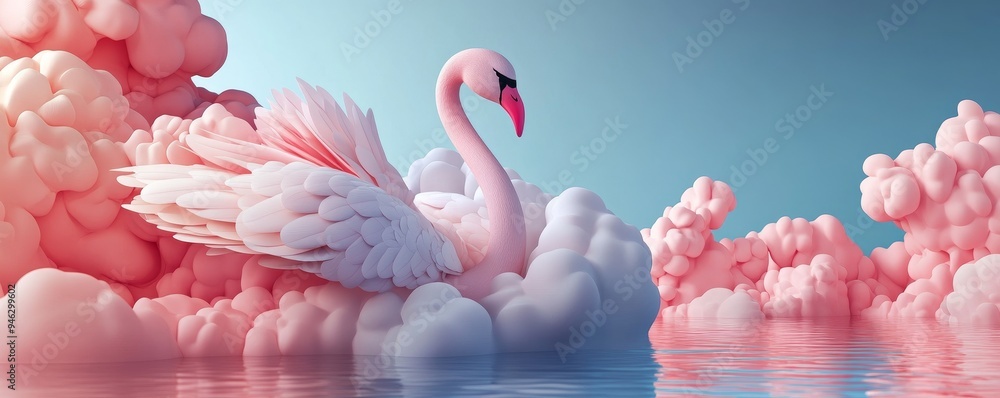 Naklejka premium A graceful flamingo stands amidst fluffy pink clouds, creating a whimsical and dreamy scene.