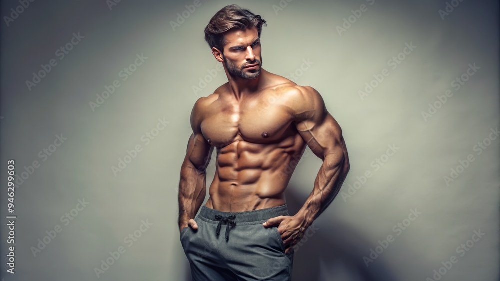 Attractive fit male model showcases chiseled physique, toned muscles, and defined abs while posing confidently in minimal attire against a neutral background. Attractive fit male model showcases chiseled physique, toned muscles, and defined abs while posing confidently in minimal attire against a neutral background.