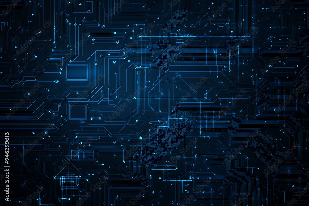 Abstract representation of a circuit board with glowing neon lines and geometric patterns against a dark background. The image evokes a high-tech, futuristic feel with ample copy space Abstract representation of a circuit board with glowing neon lines and geometric patterns against a dark background. The image evokes a high-tech, futuristic feel with ample copy space