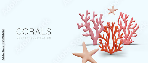 Horizontal blue poster with pink corals, starfish. Marine concept in 3D style