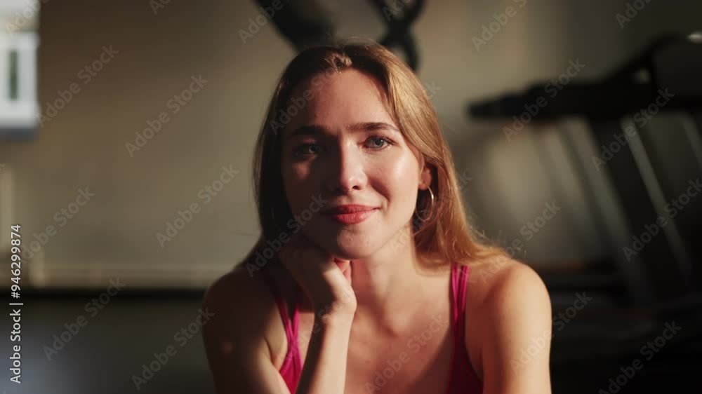 Portrait of happy smiling athlete girl in pink top is sitting in the gym on a treadmill after a workout. Woman in portrait for gym training, exercise or challenge workout with goals and power. Portrait of happy smiling athlete girl in pink top is sitting in the gym on a treadmill after a workout. Woman in portrait for gym training, exercise or challenge workout with goals and power.